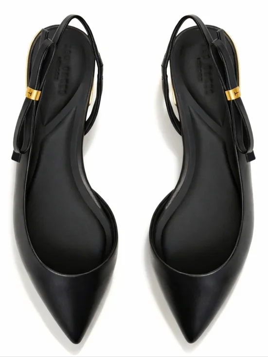 Ted Baker JANE Bow Slingback Flats Black Leather Pointed Toe Gold Detail Minimal - Picture 1 of 3